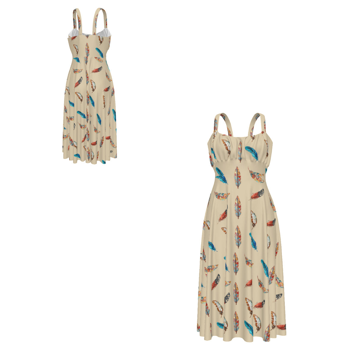 Baha Ranch Country Girl Feather Print High Waist Sun Dress