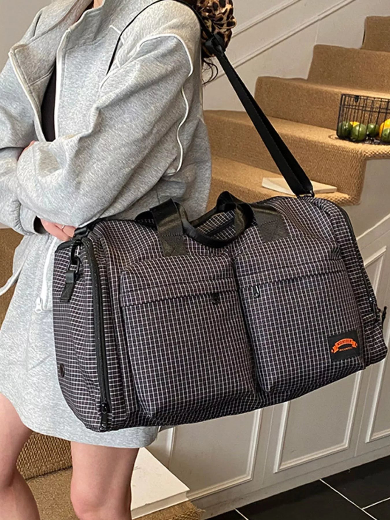 Plaid Duffel Bag with Multiple Pockets