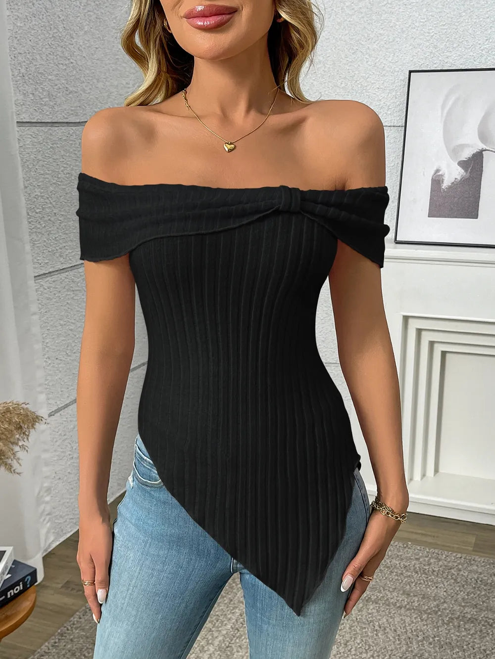Ribbed Off-Shoulder Asymmetrical Hem T-Shirt
