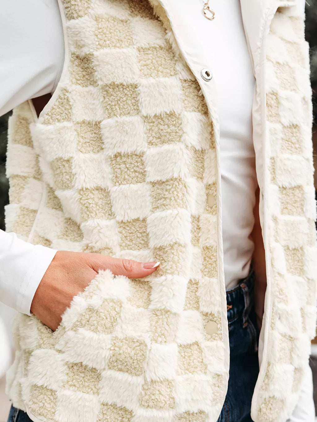 Sherpa Checkerboard Snap Button Vest Coat with Pocket