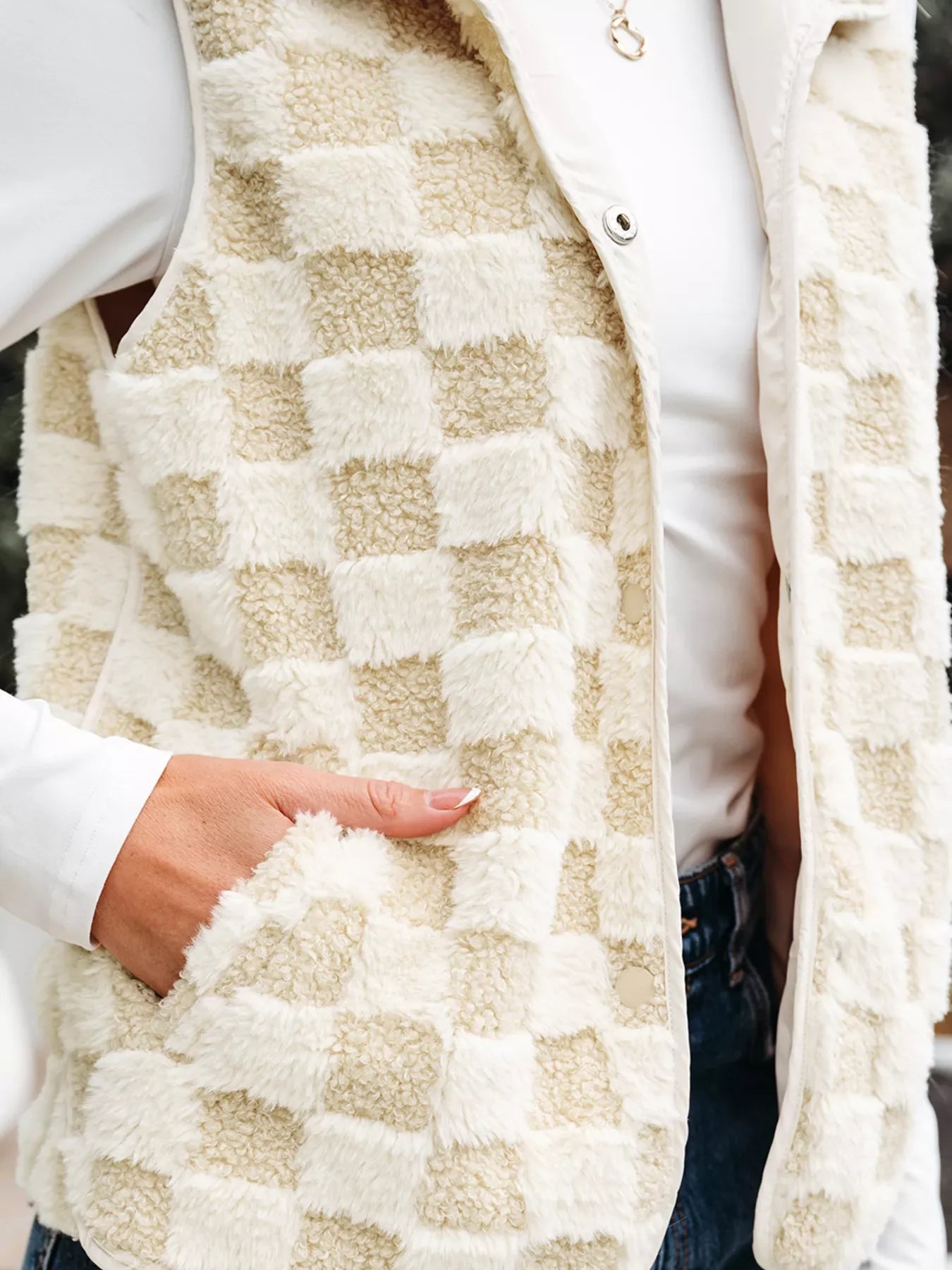 Sherpa Checkerboard Snap Button Vest Coat with Pocket