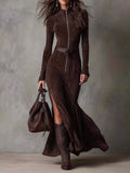 Full Size Zipper Front Long Sleeve Slit Maxi Dress Plus Size