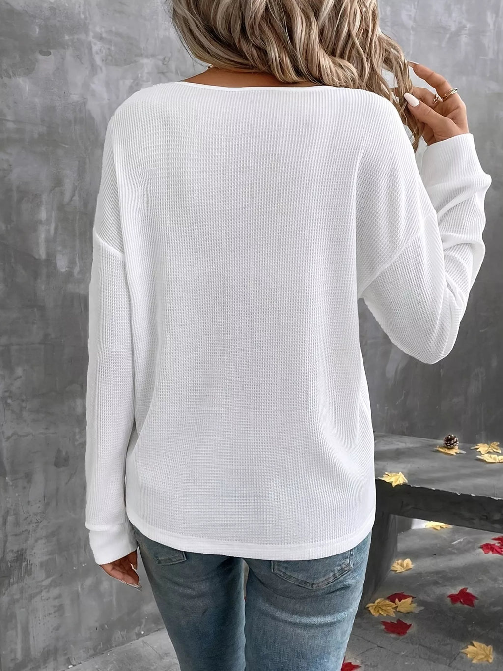 Plus Size V-Neck Long Sleeve Waffle Knit T-Shirt