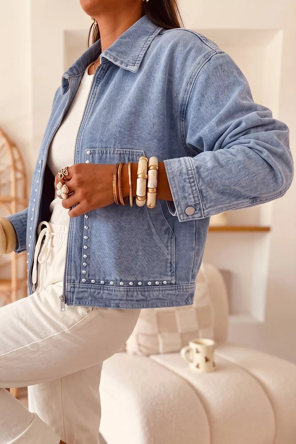 Studded Metal Zipper Rivet Pockets Long Sleeve Denim Jacket