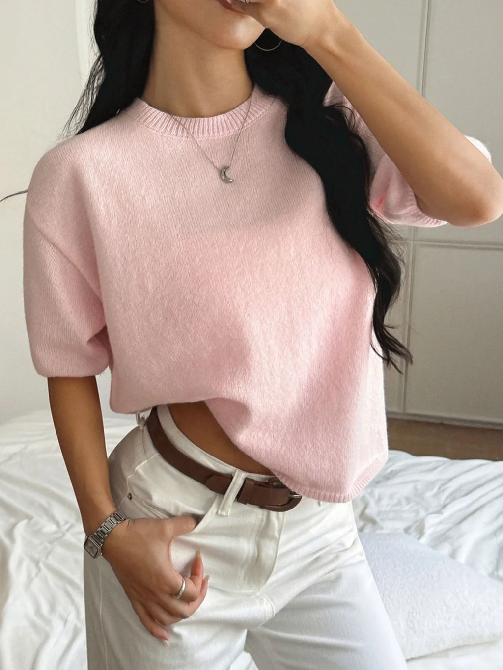 Ribbed Hem Round Neck Sweater
