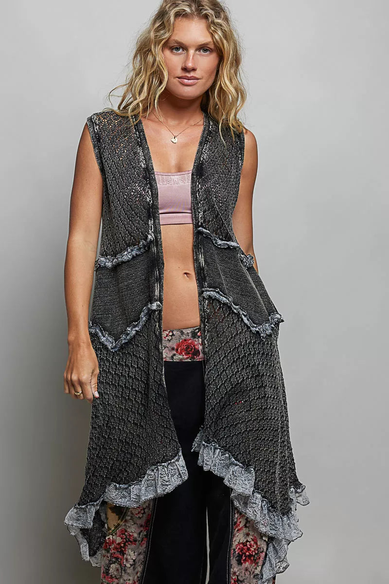 POL Vintage Wash Ruffled Crochet Vest Cardigan