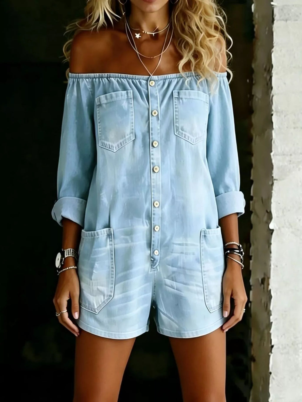 Full Size Button-Down Front Off Shoulder Romper Plus Size