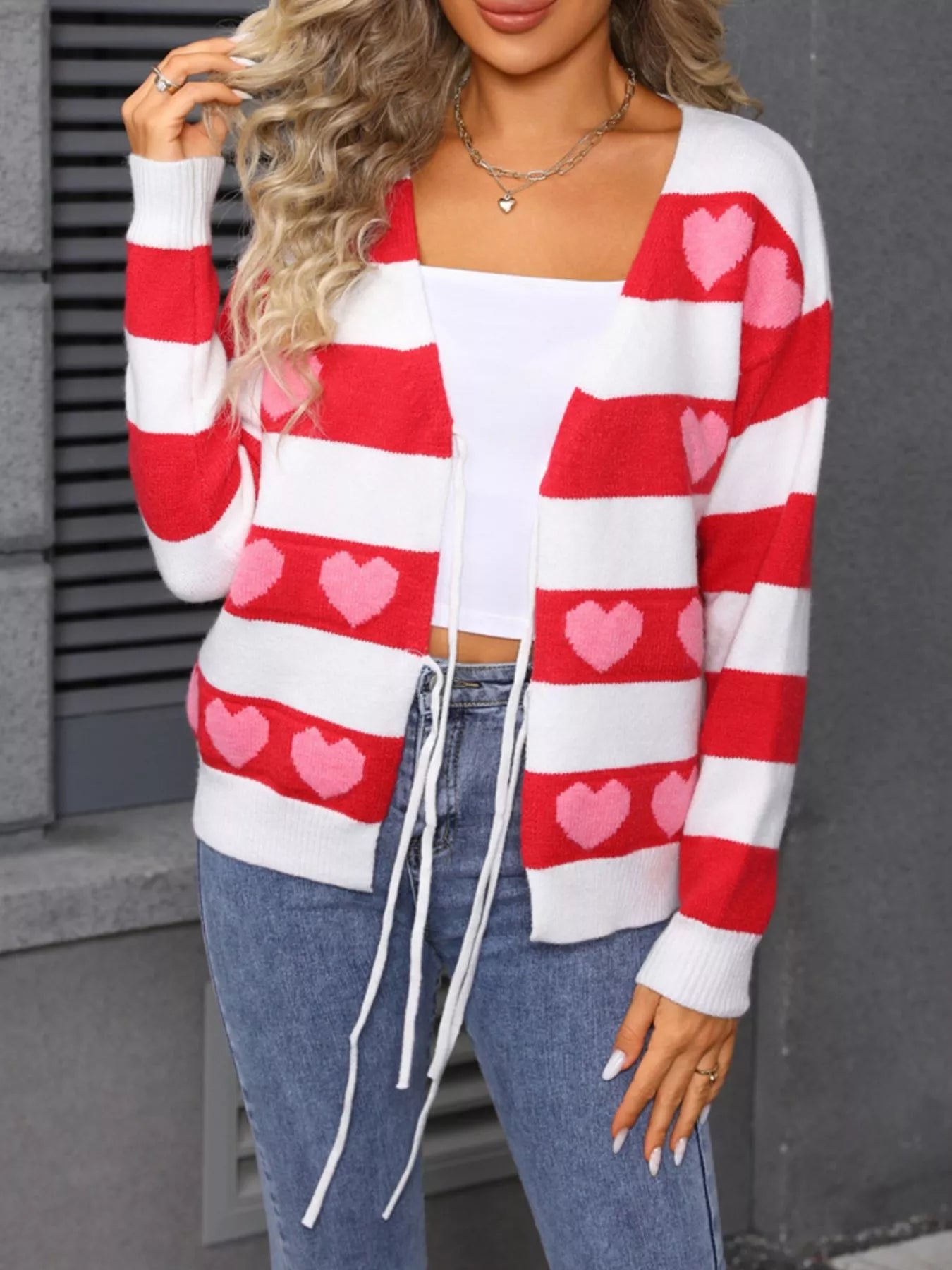 Valentine's Day Heart Pattern Striped Tie Front Cardigan