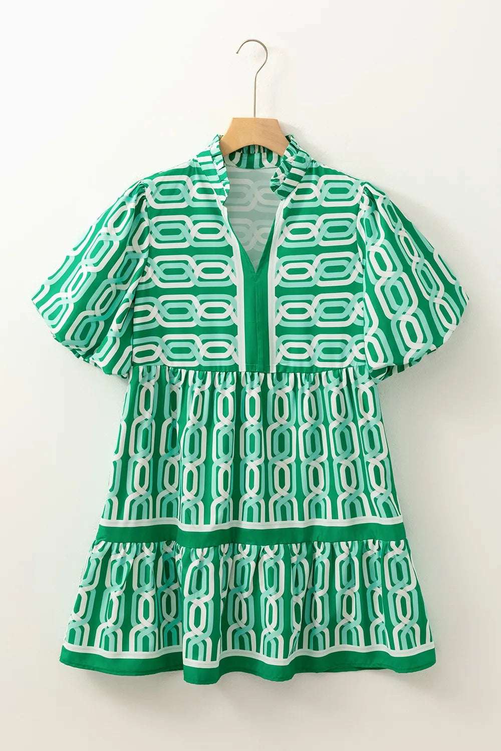 Abstract Patterned V Neck Puff Short Sleeve Mini Dress