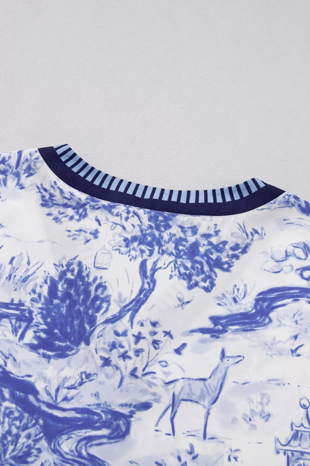 Printed Striped Trim V-Neck Blouse