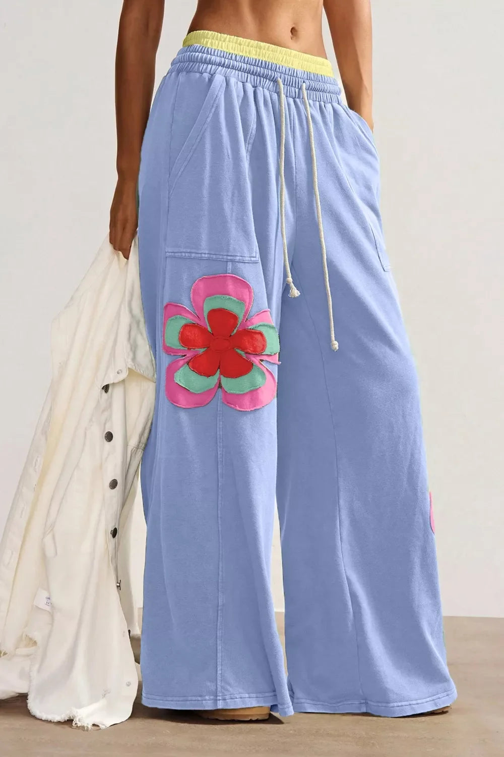 Color Block Flower Patchwork Drawstring Contrasted Elastic Waist Wide Leg Pants