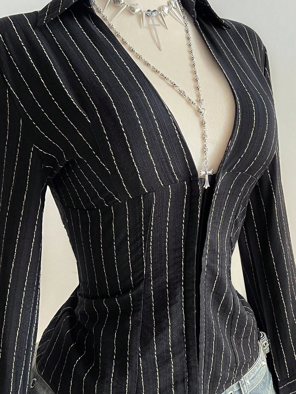 Striped Long Sleeve Fitted Blouse