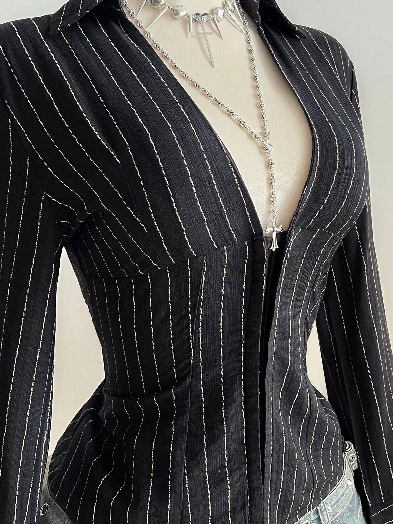 Striped Long Sleeve Fitted Blouse
