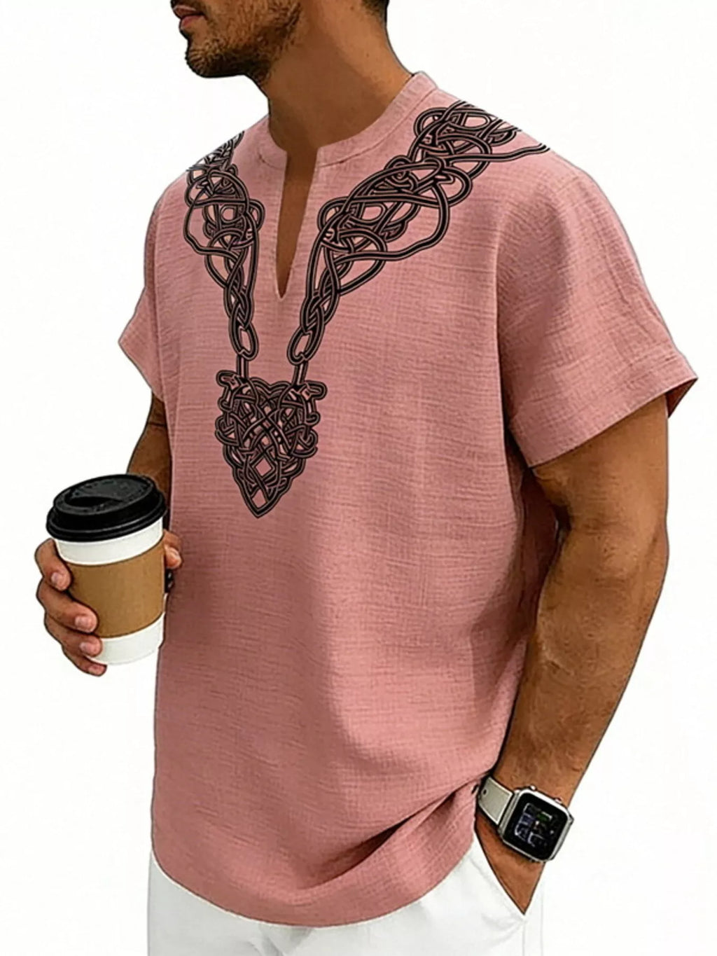 Men's Full Size Notched Printed Short Sleeve Blouse Plus Size
