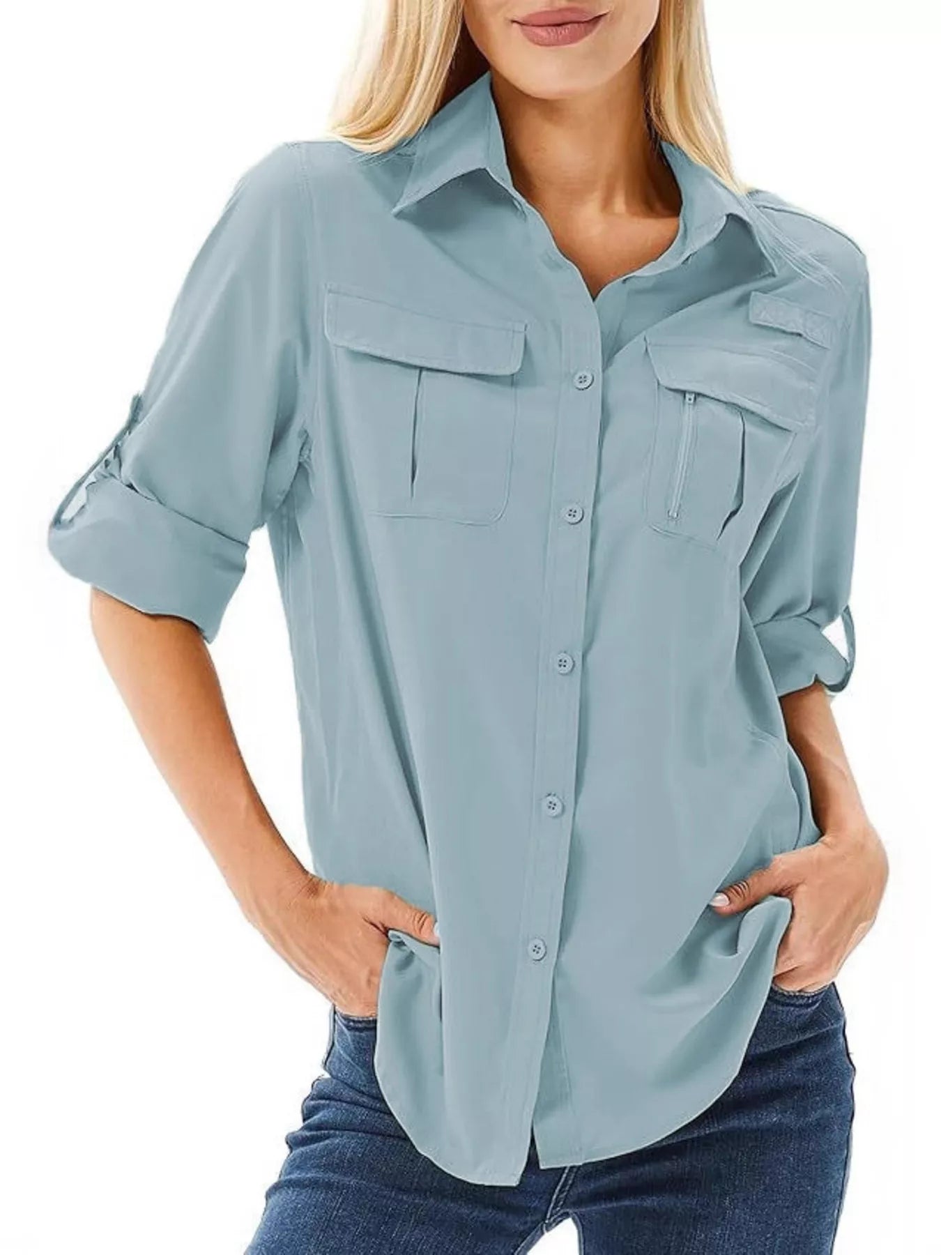 Full Size Roll-Up Sleeve Button Up Shirt Plus Size