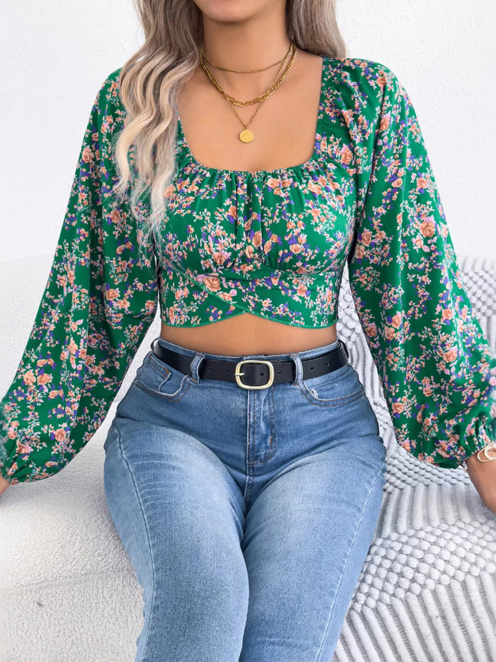 Floral Balloon Sleeve Square Neck Crop Blouse