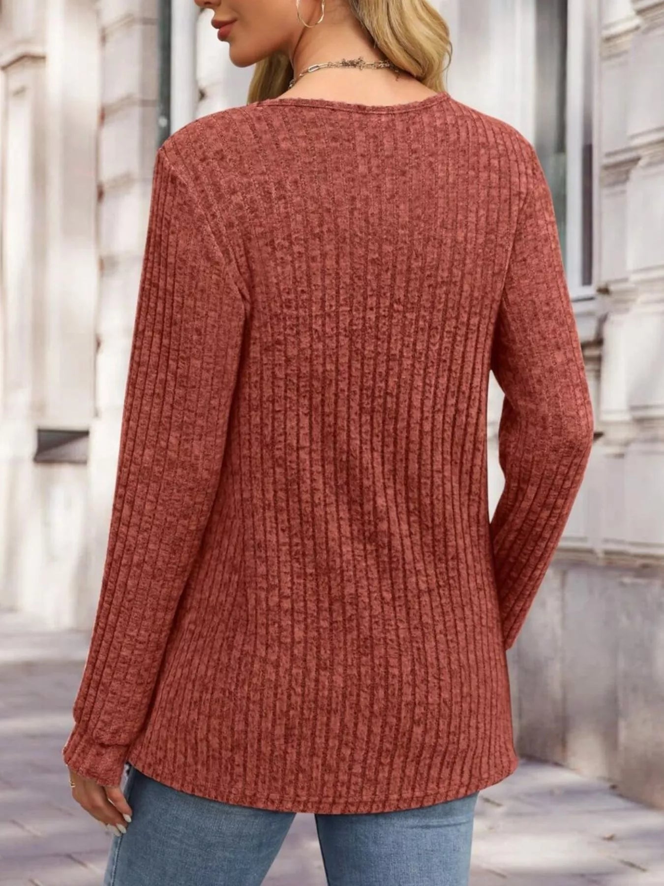 Ribbed Knit Button-Front Long Sleeve T-Shirt