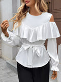 Ruffled Cold Shoulder Flounce Sleeve Blouse