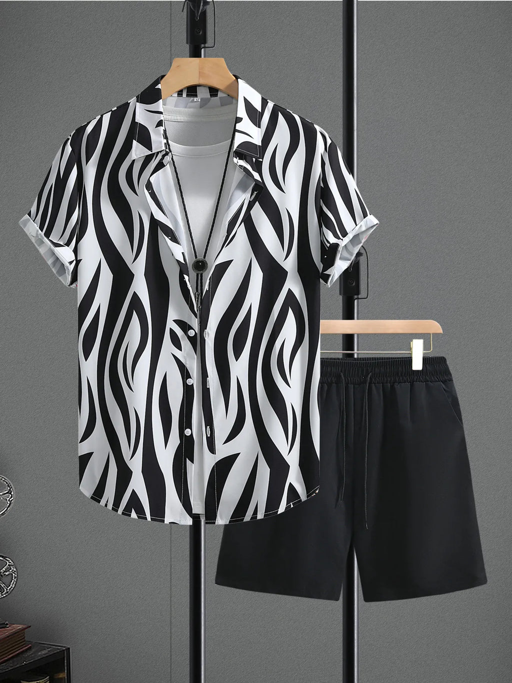 Men's Zebra Print Short Sleeve Shirt and Shorts Set