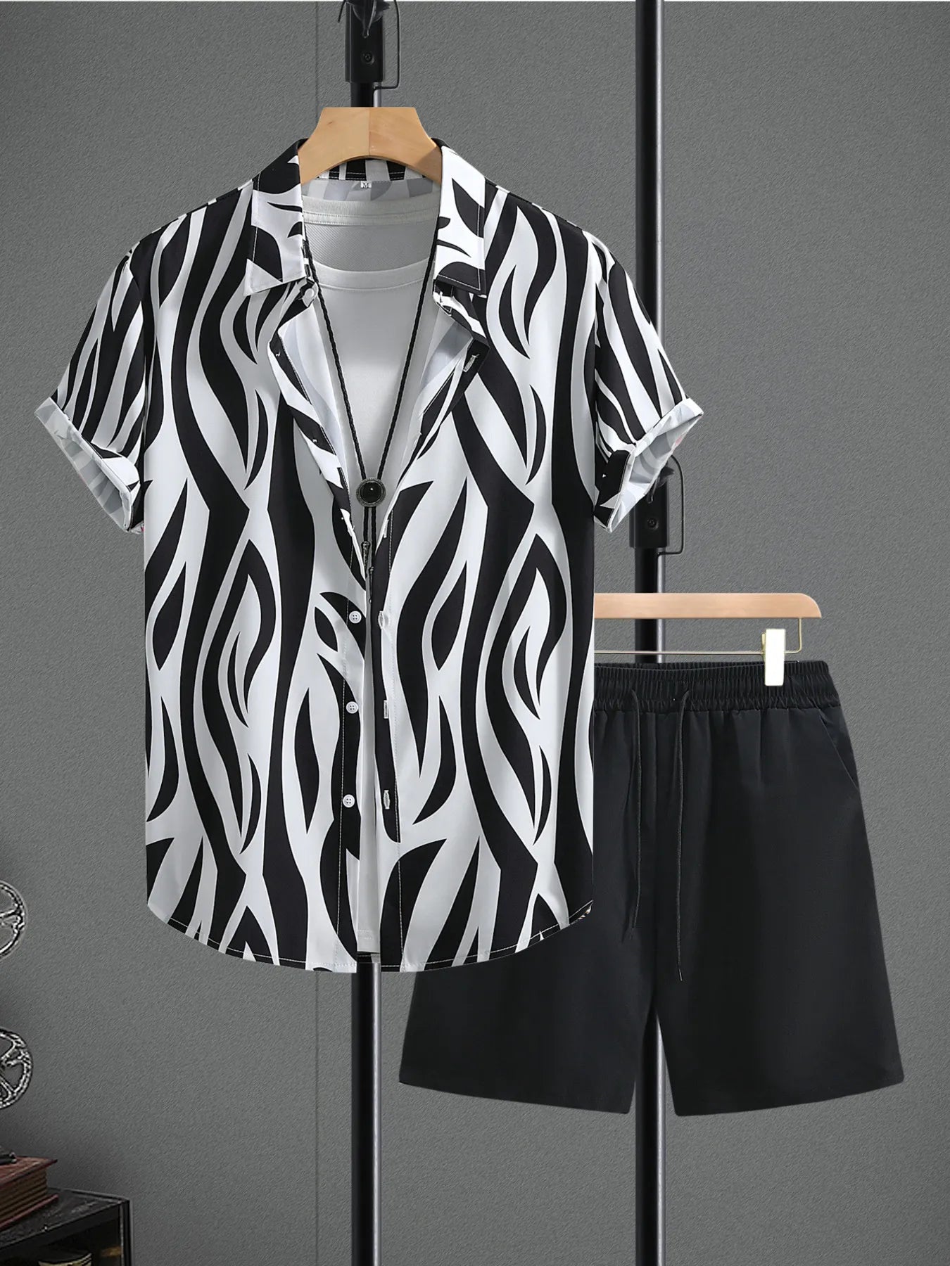 Men's Zebra Print Short Sleeve Shirt and Shorts Set