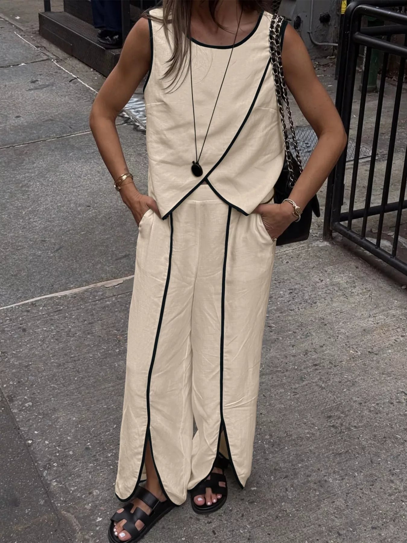 Contrast Trim Top and Wide Leg Pants Set