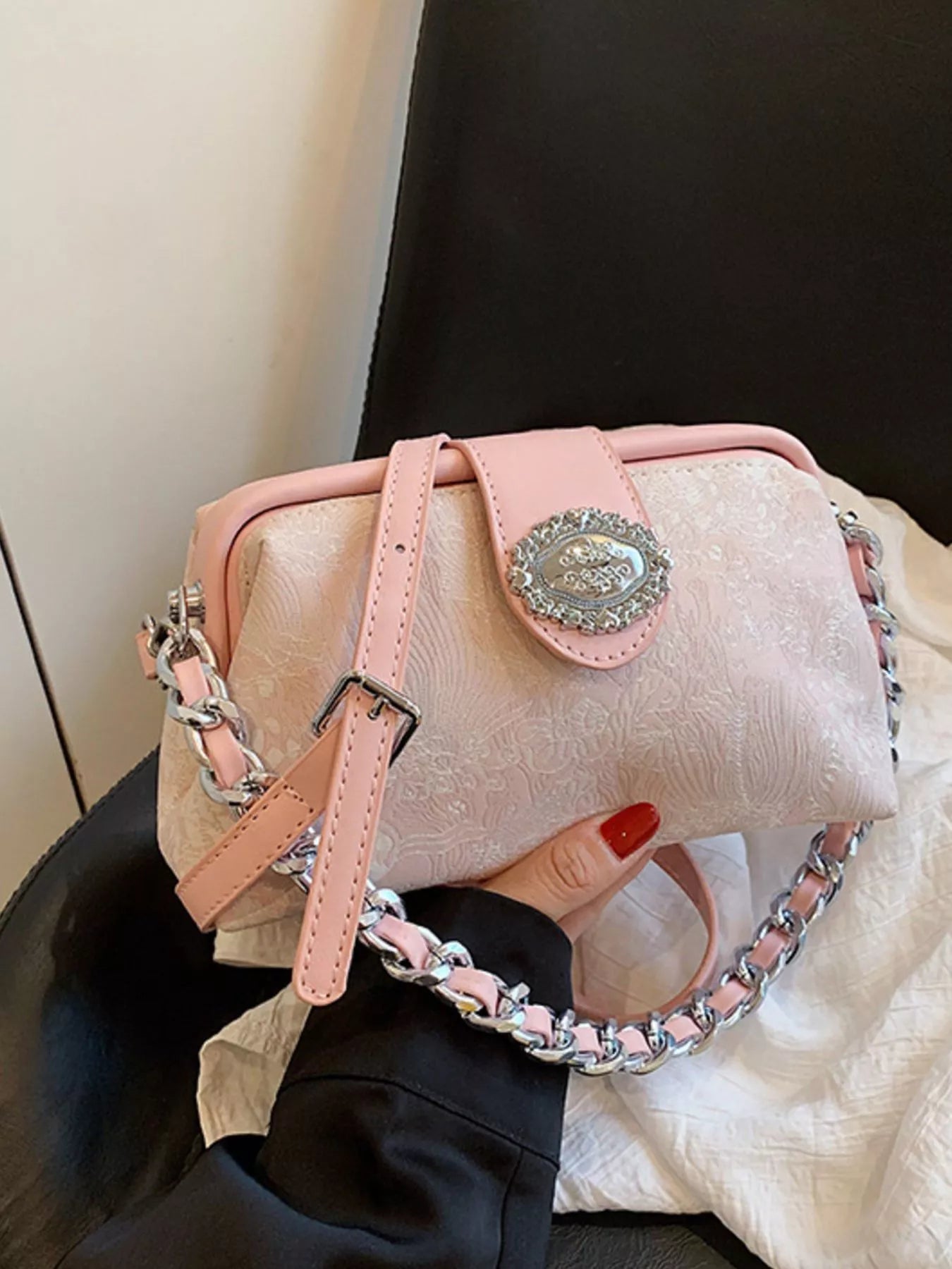 Embroidered Chain Crossbody Bag