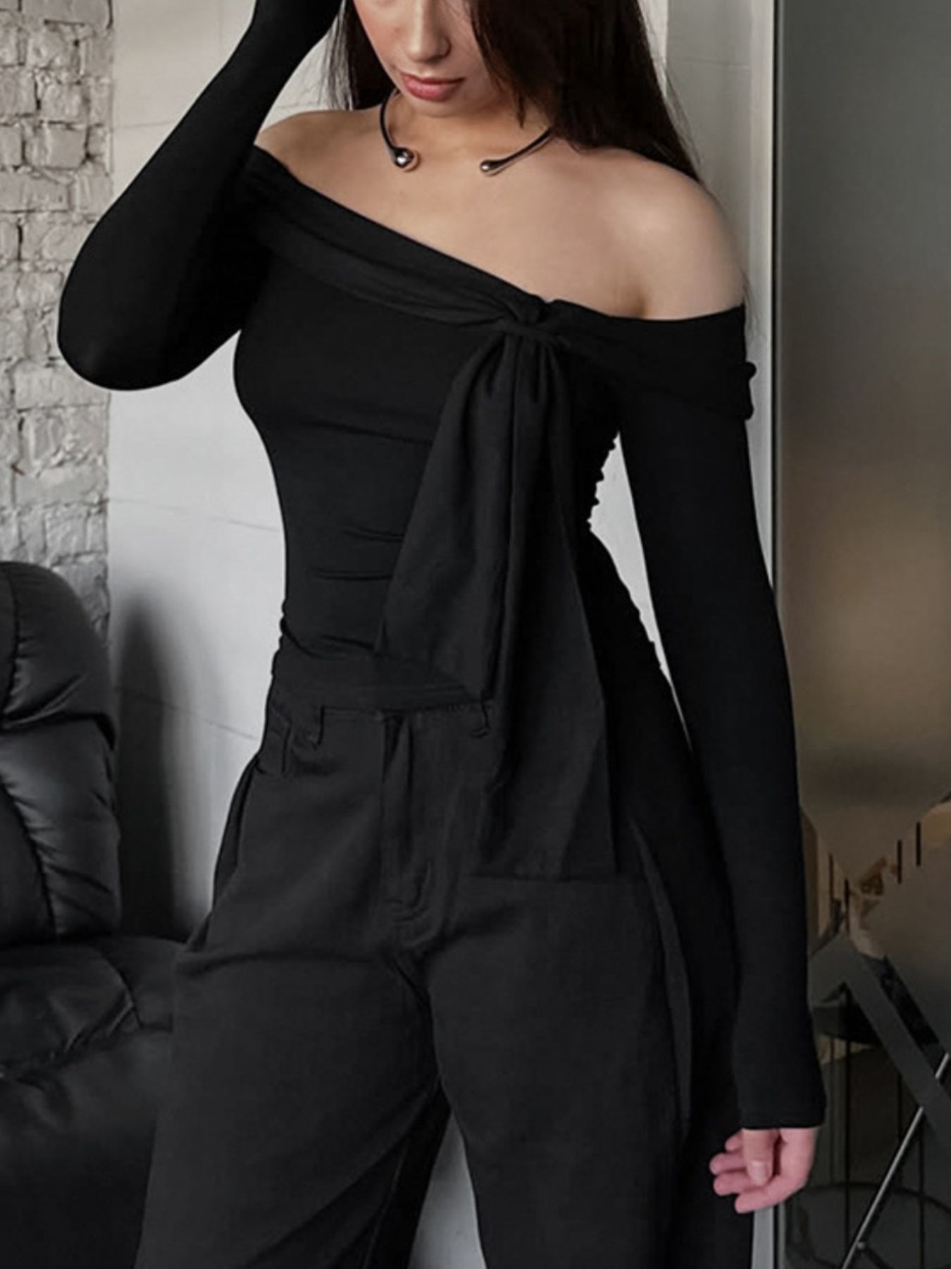 Off-Shoulder Tie-Front Long Sleeve Blouse