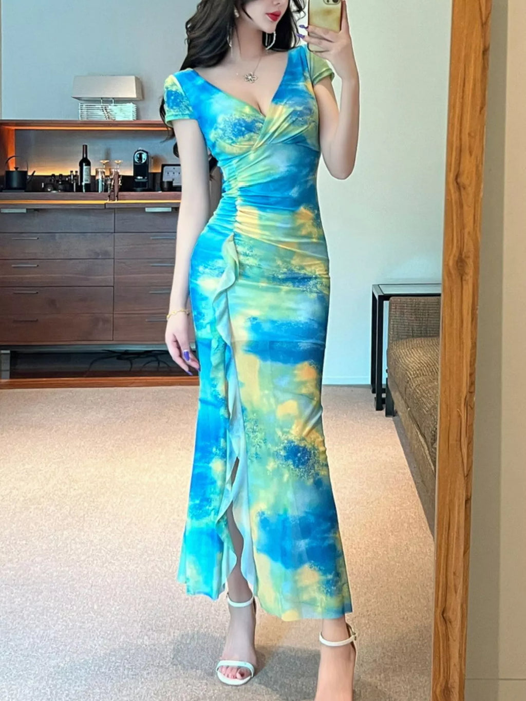 Tie-Dye Surplice Ruffle Slit Dress