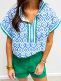Western Print Zipped Collar Short Sleeve Summer Blouse Top