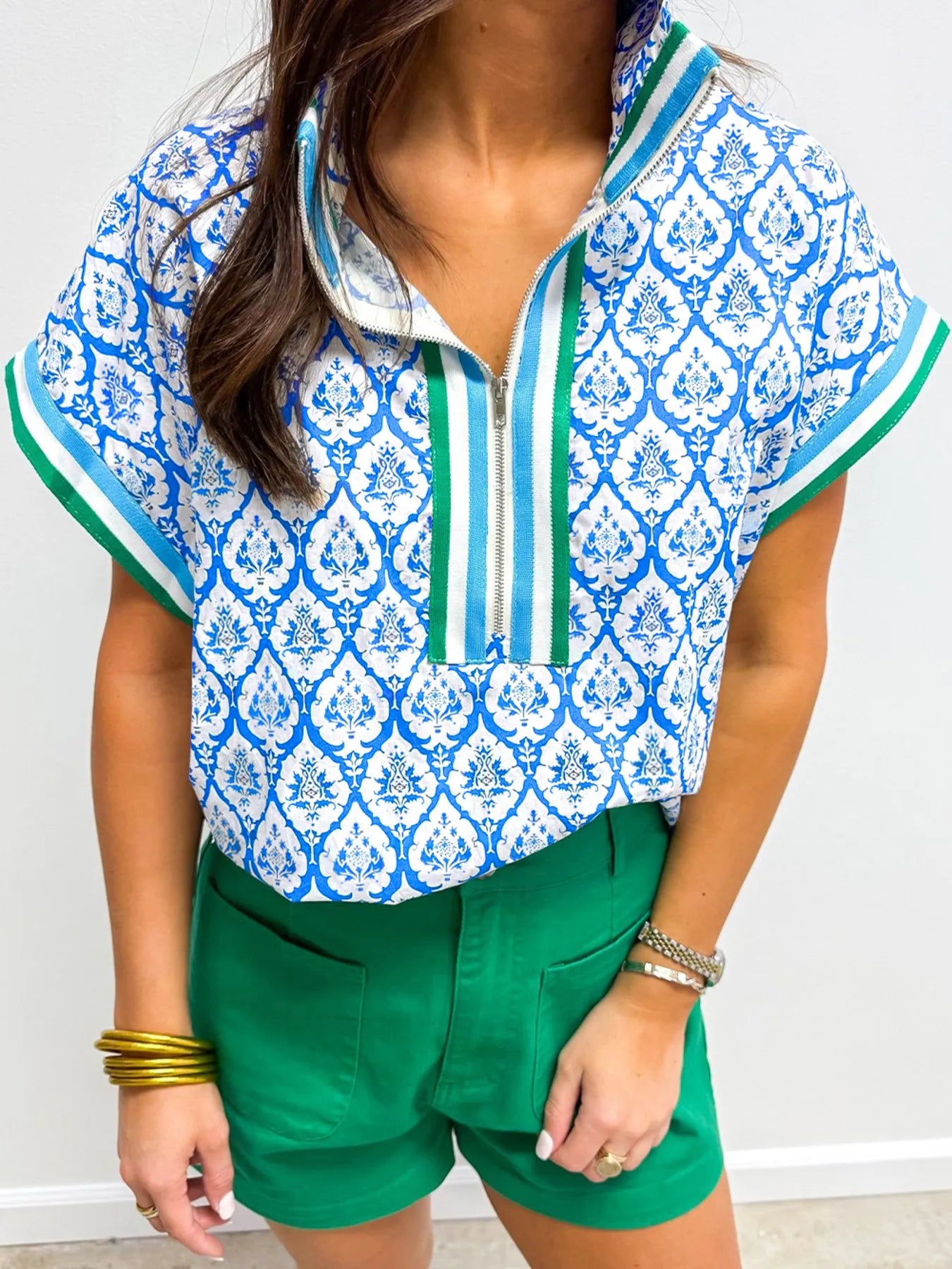 Western Print Zipped Collar Short Sleeve Summer Blouse Top