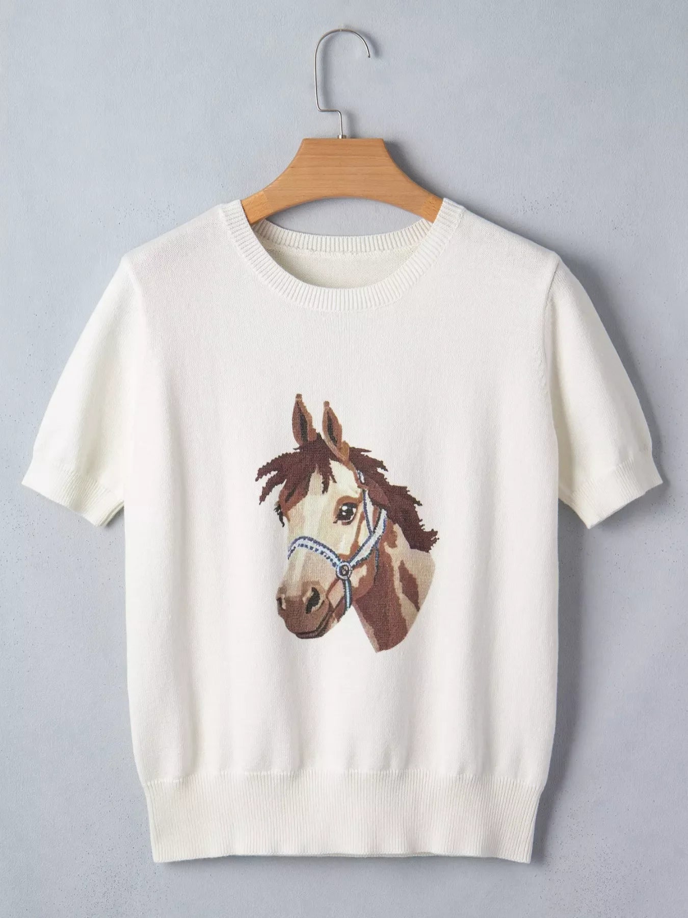 Wild West Horse Head Printed Short Sleeve Sweater