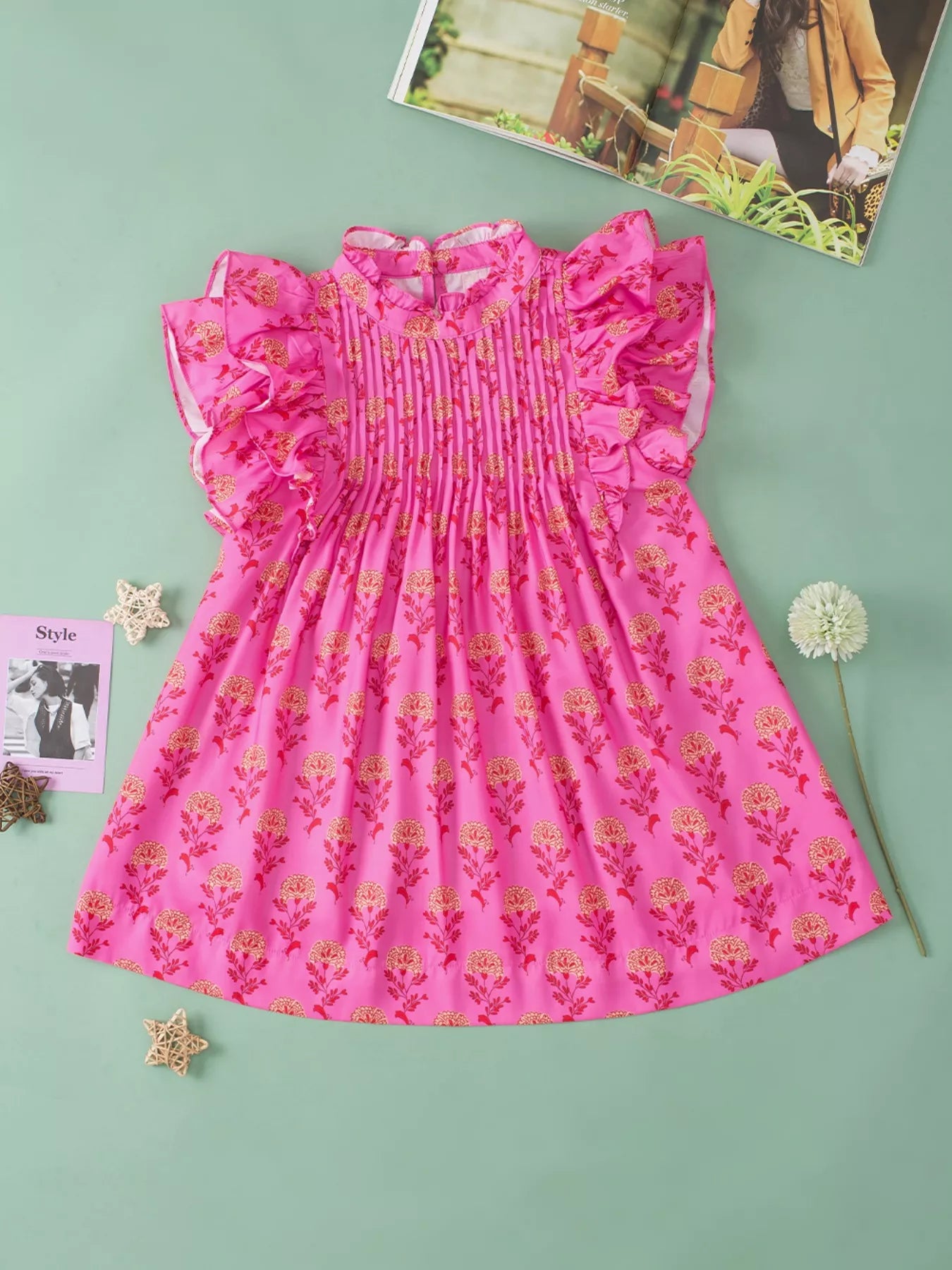 Floral Print Pleated Ruffled Flutter Sleeve Blouse