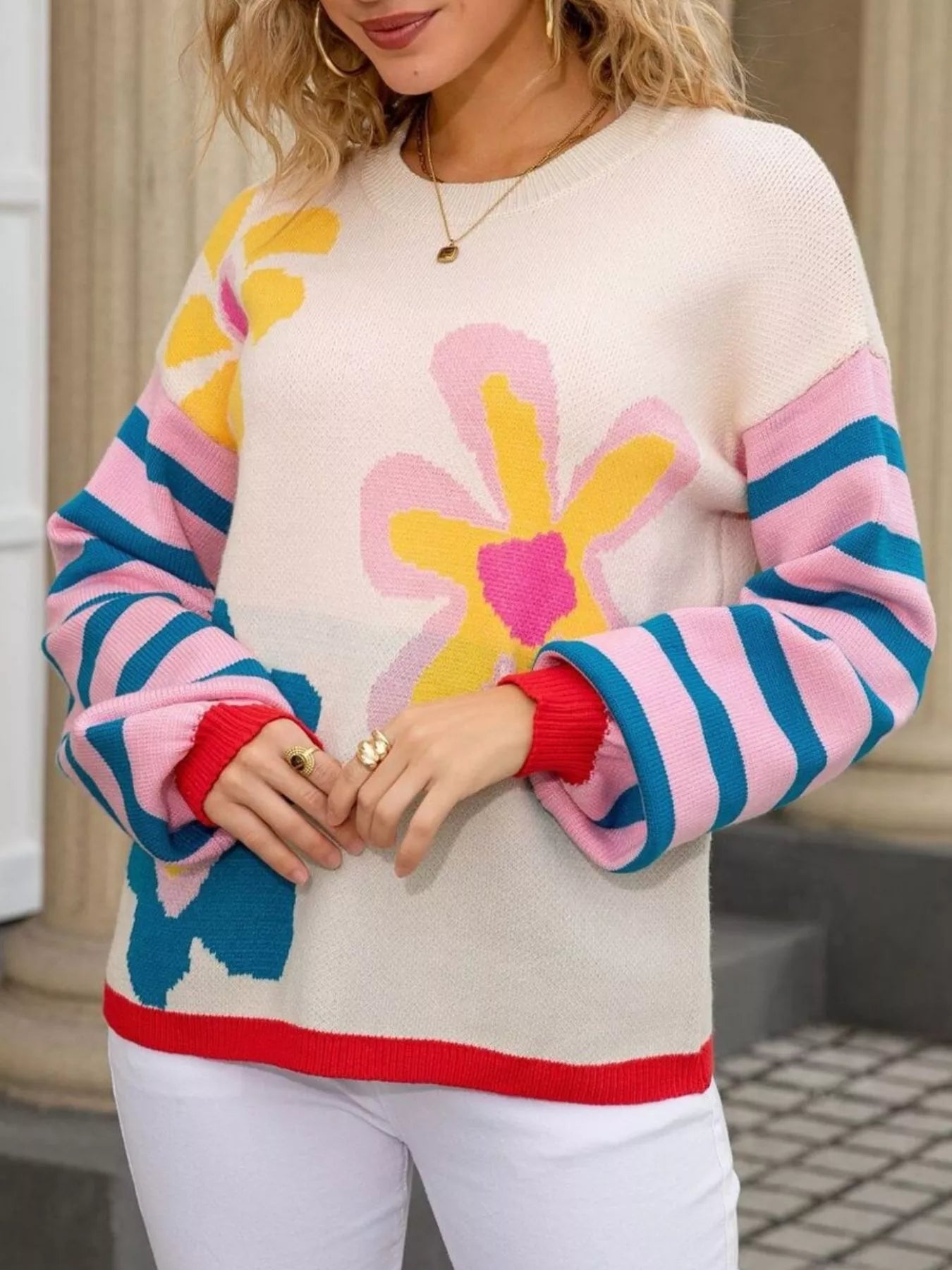 Floral Striped Crew Neck Sweater