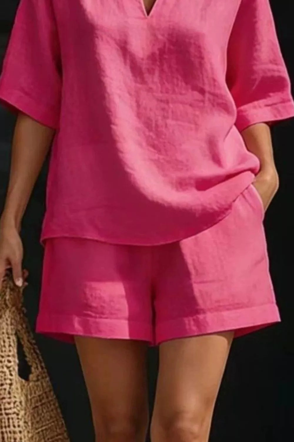 Notched Half Sleeve Top and Shorts Set