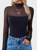 Sheer Mesh Patchwork High Neck Long Sleeve Top