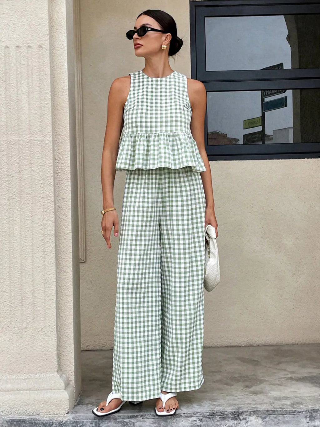 Gingham Sleeveless Top and Wide Leg Pants Set