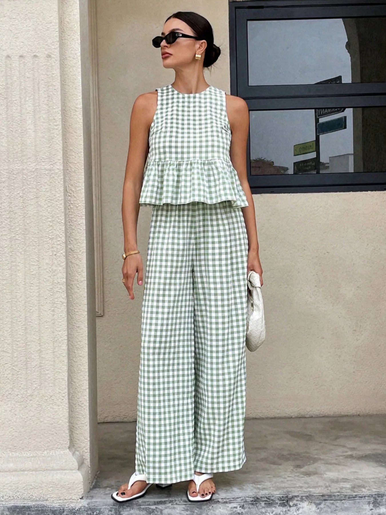 Gingham Sleeveless Top and Wide Leg Pants Set