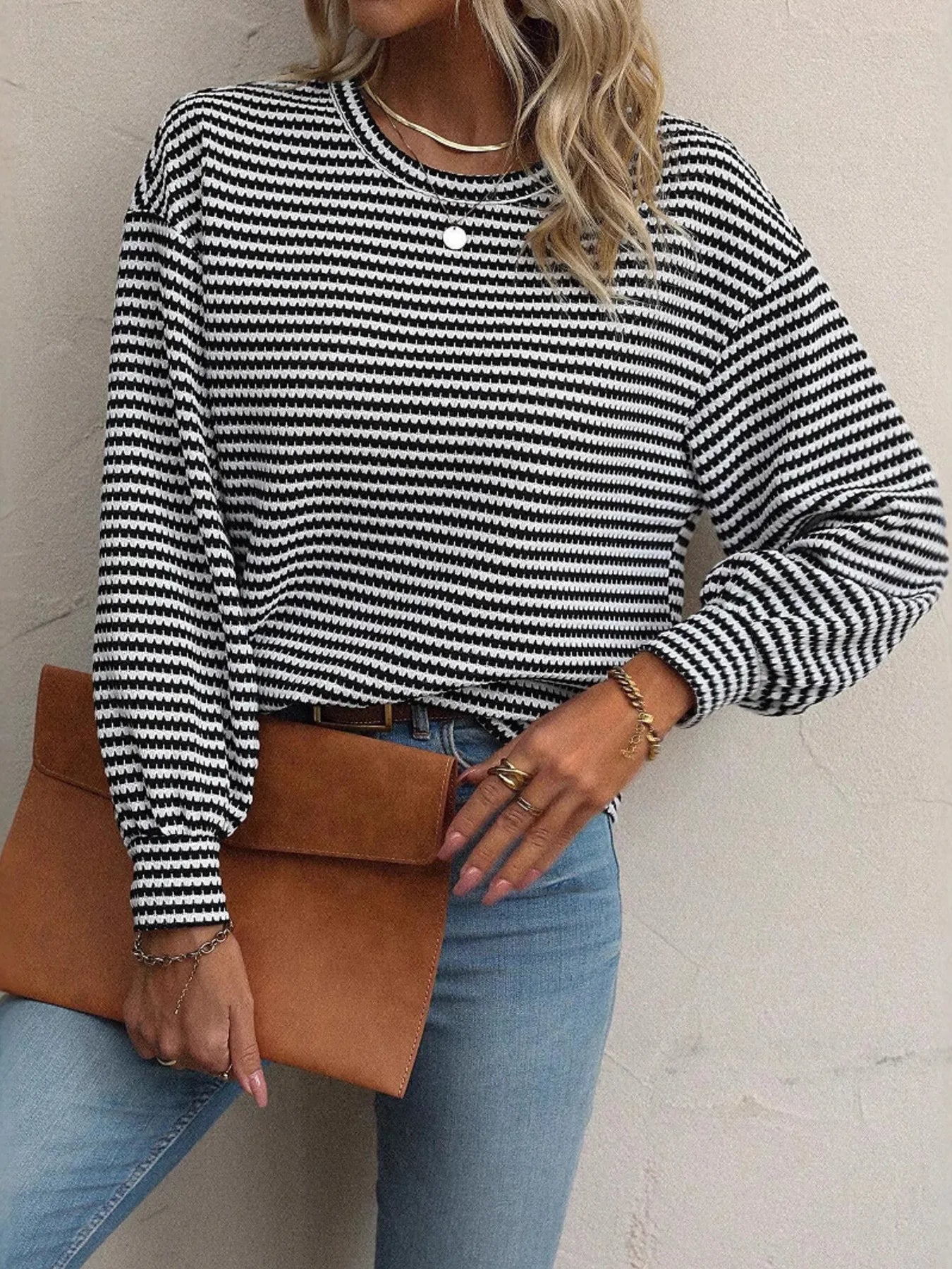 Striped Round Neck Lantern Sleeve Top