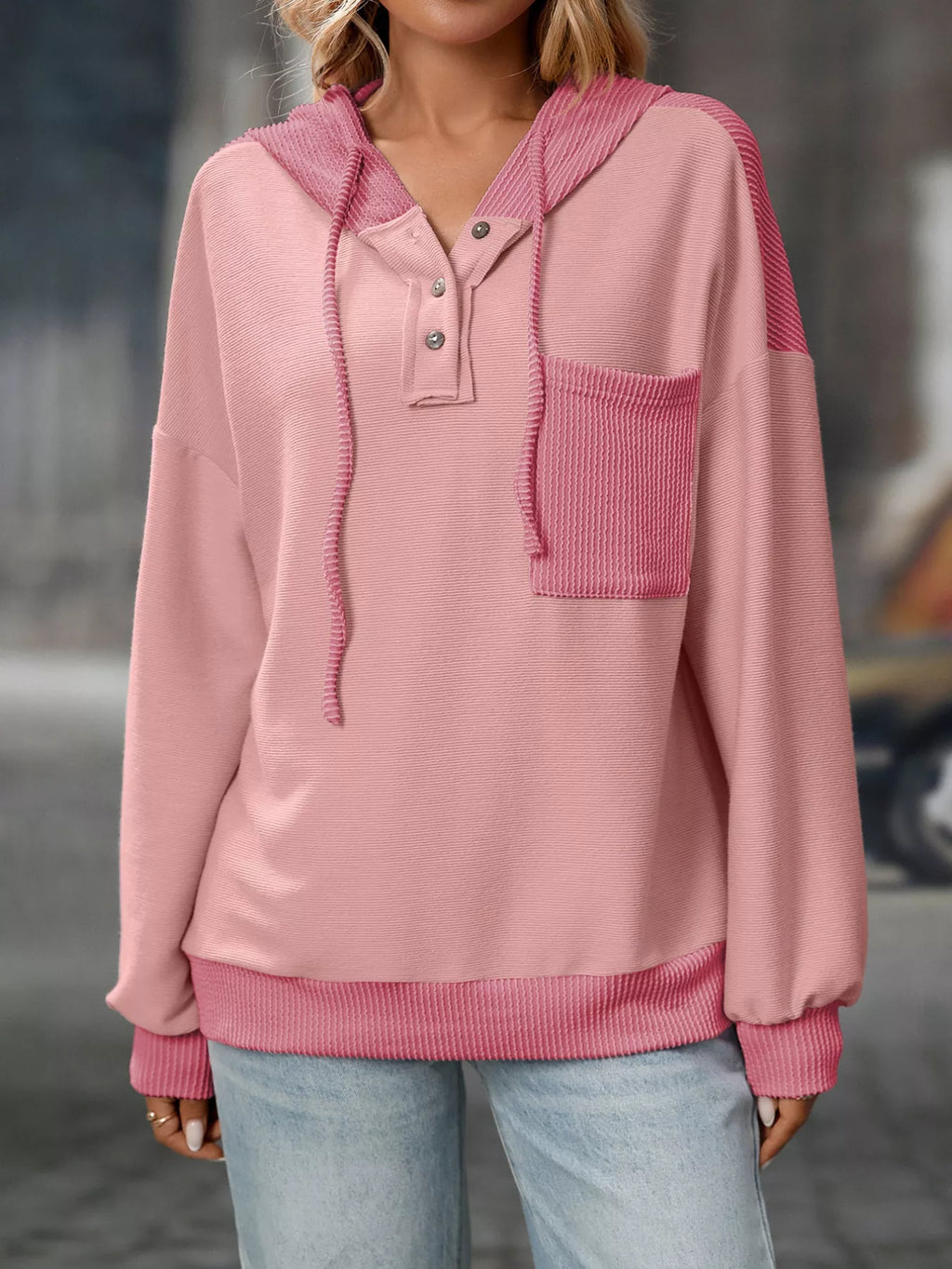 Casual Color Block Button Detail Hoodie