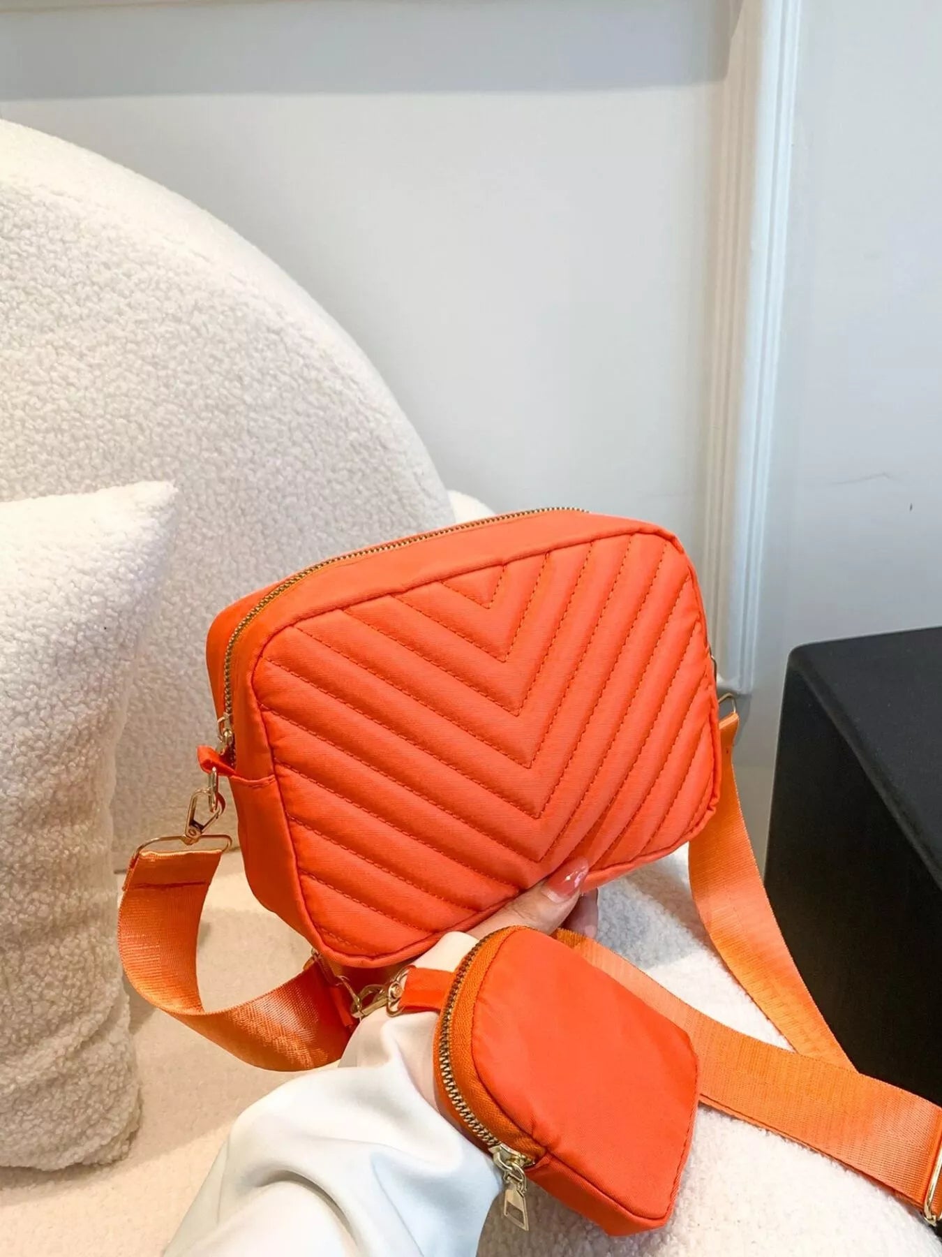 Chevron Quilted Crossbody Bag with Mini Pouch
