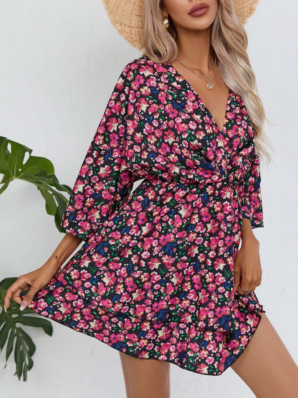 Floral Print Layered Ruffle Hem Mini Dress