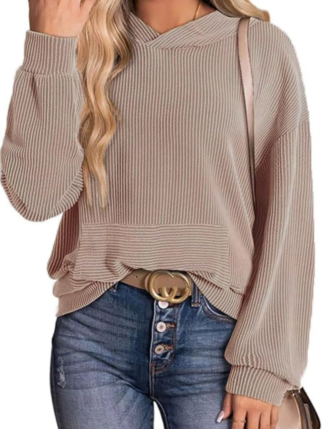 Ribbed Oversized Hoodie Sweatshirt with Pocket