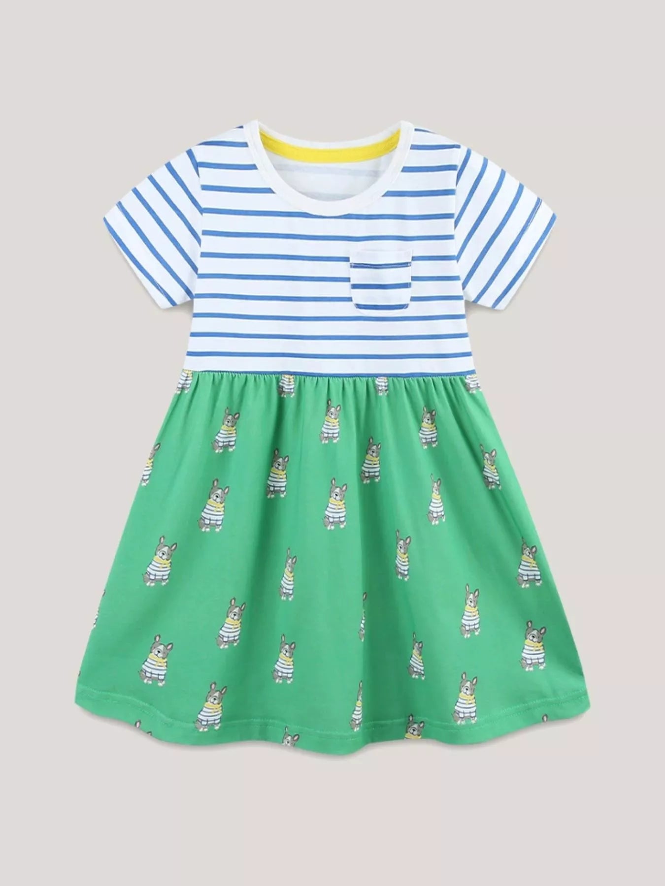 Children's Striped Dog Print Short Sleeve Dress