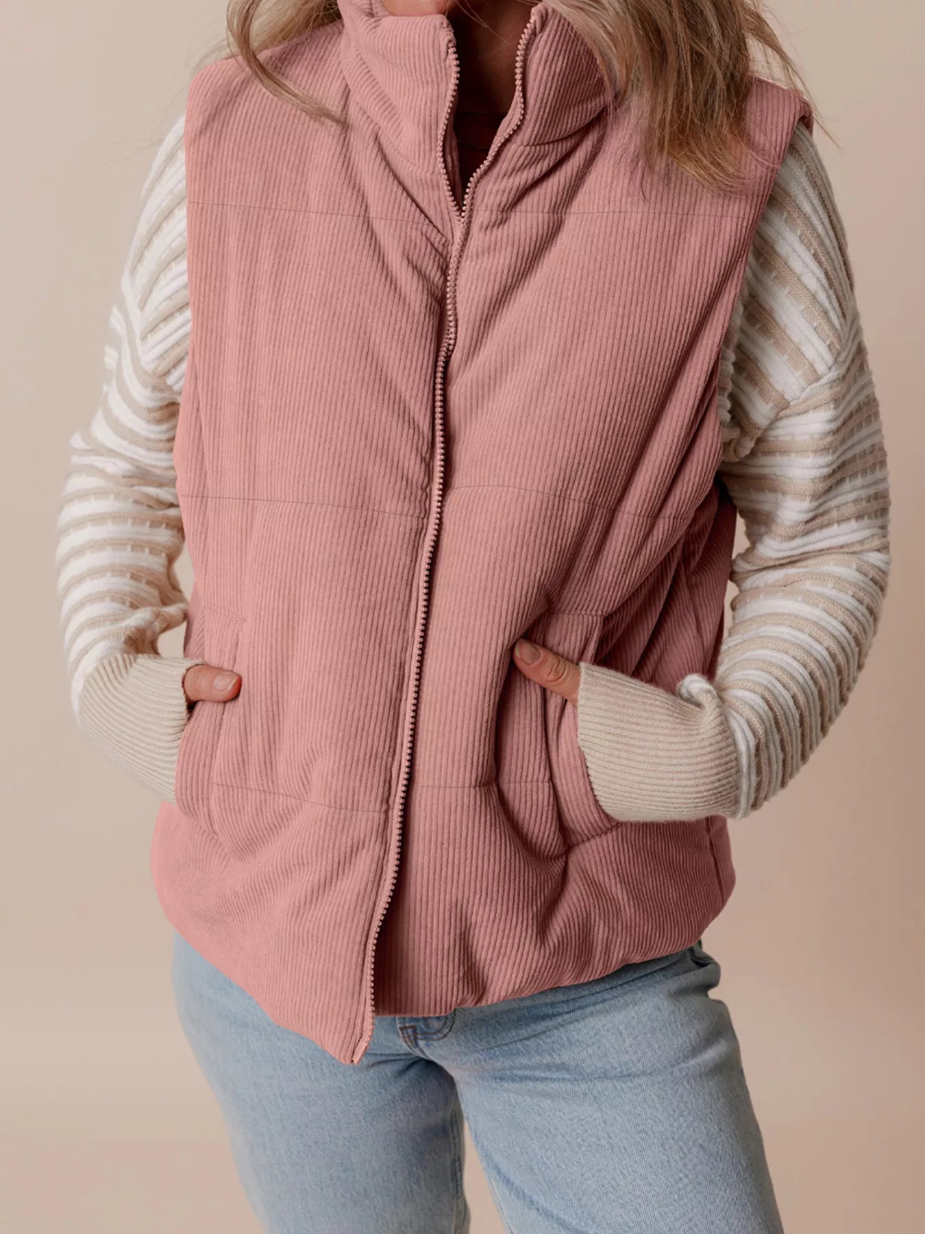 Corduroy Stand Neck Zipped Puffer Vest