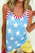 Tie Dye Star Print Striped Trim Round Neck Casual Tank Top