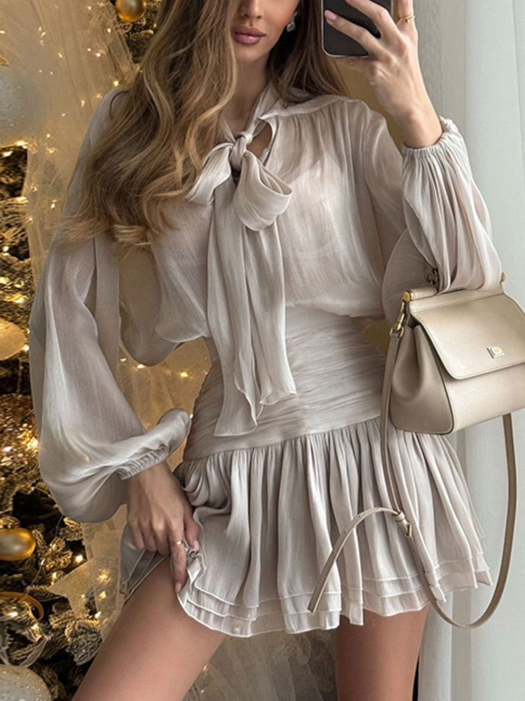 Bow-Tie Blouse and Ruched Mini Skirt Set
