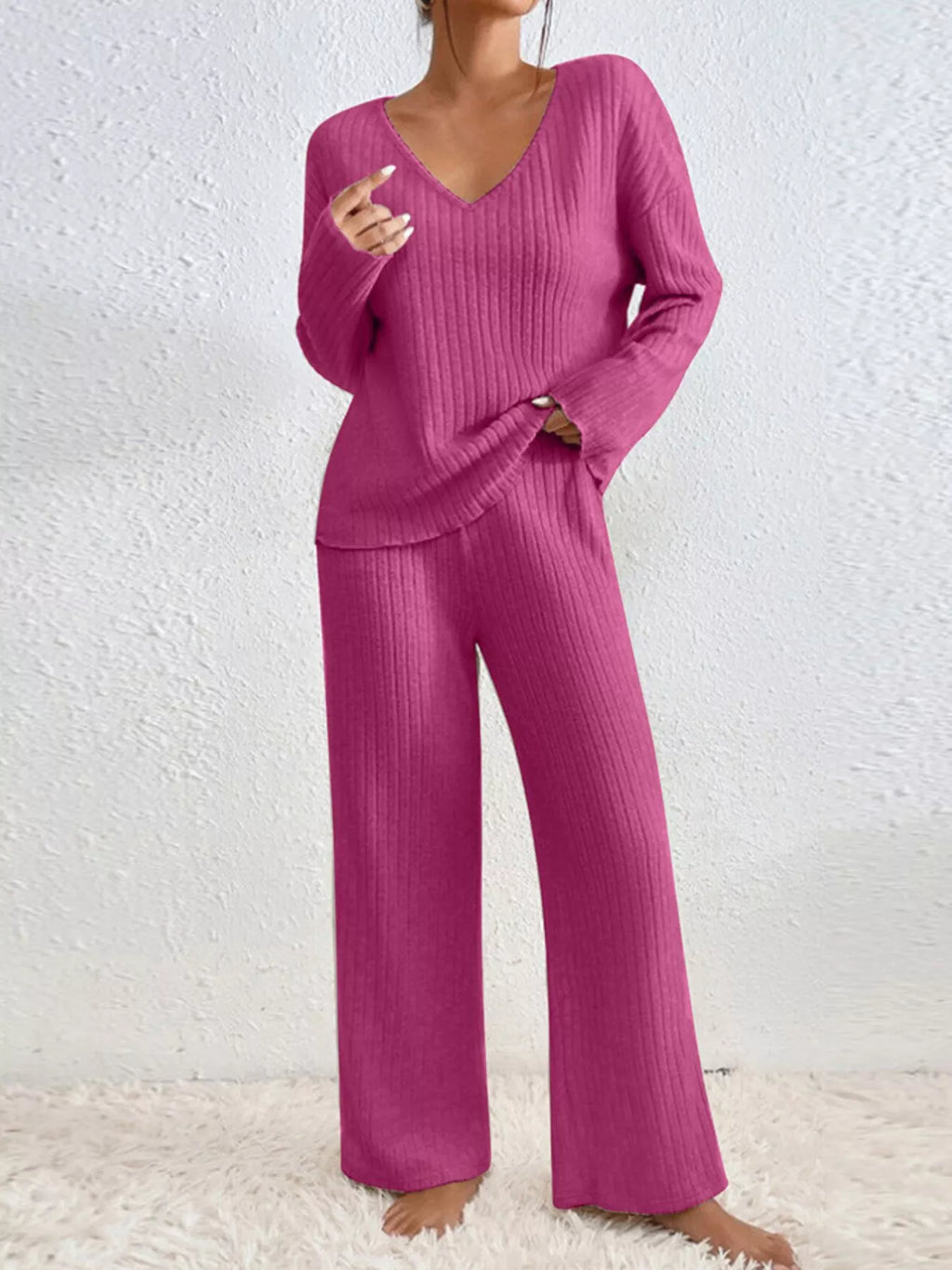 Ribbed Knit V-Neck Top and Pants Set
