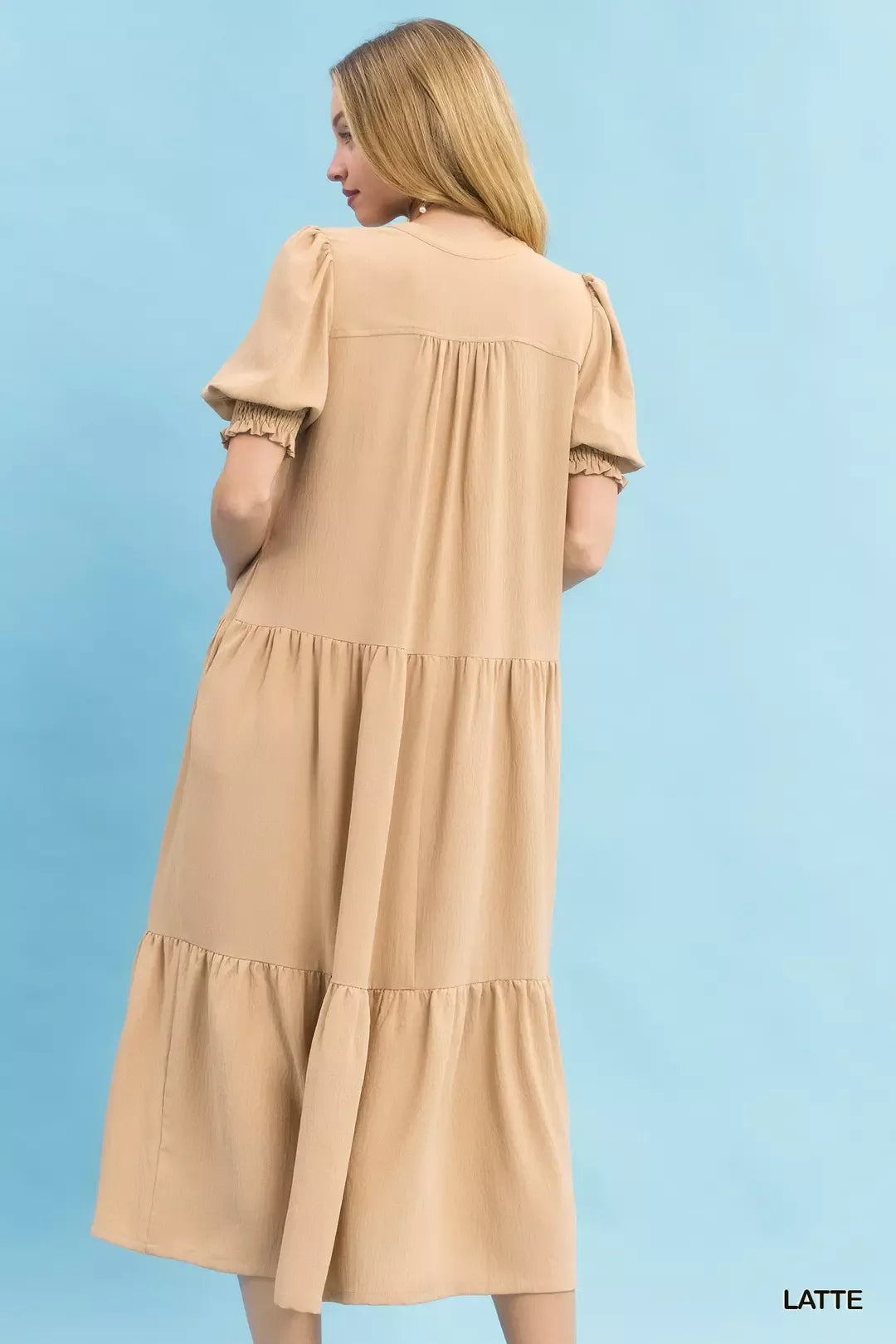 Umgee V-Neck Puff Sleeve Tiered Midi Dress
