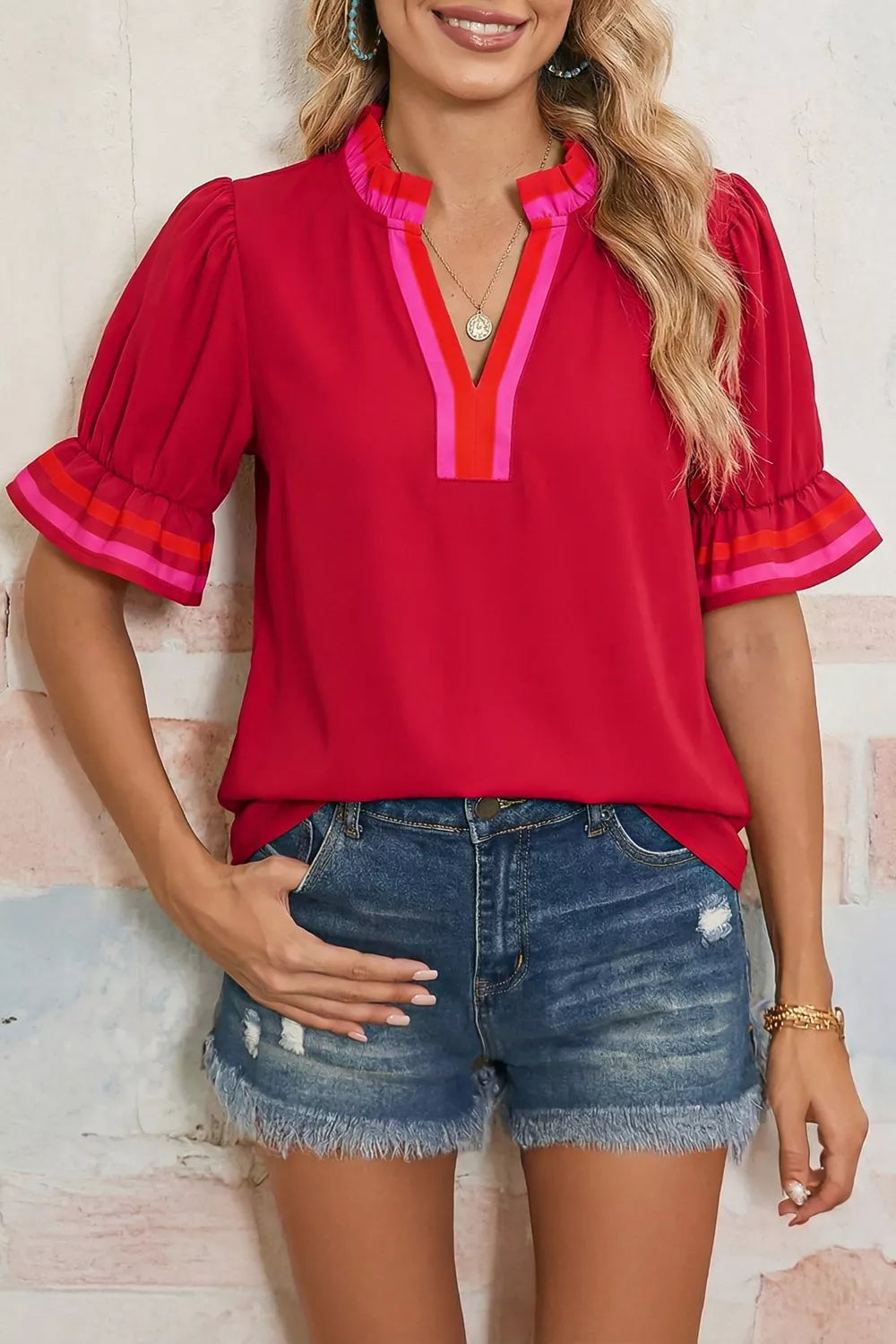 Ruffled Sleeve Notched Blouse with Striped Detail
