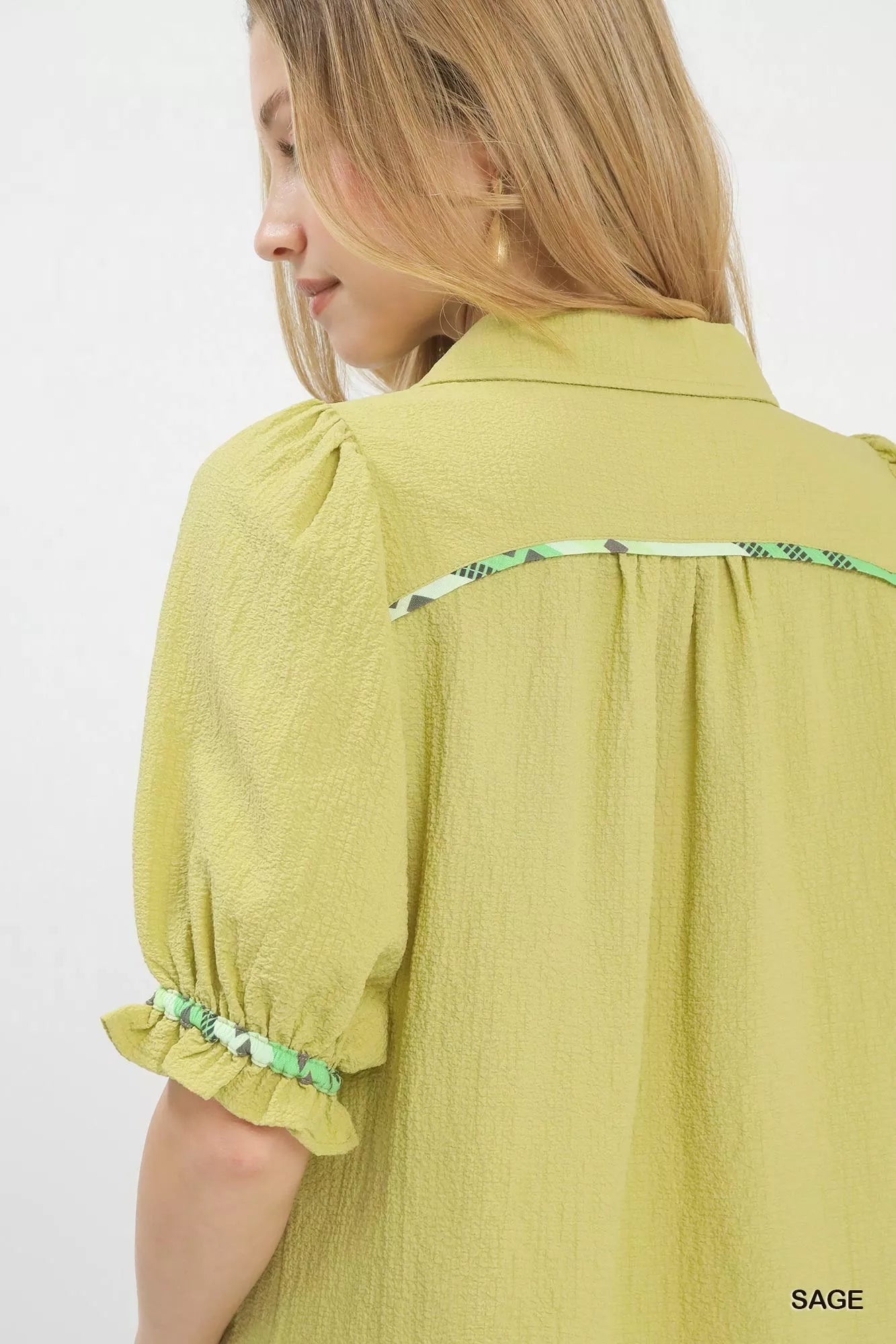 Umgee Scalloped Trim Blouse with Puff Sleeves